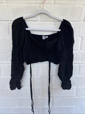 HYFVE Black Smocked Long Sleeve Cropped Tie-Front Top sz M